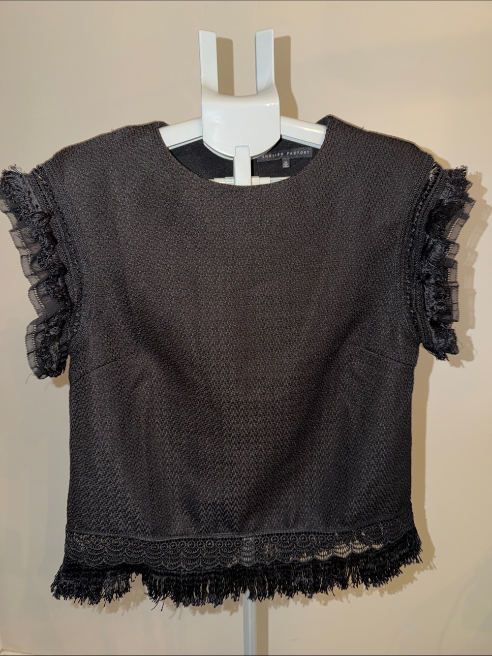 English Factory Black Fringe-Trim Textured Top